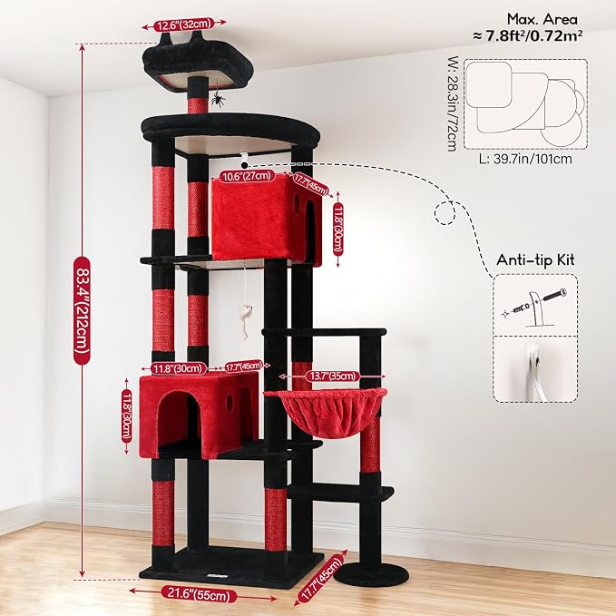 Globlazer Gothic Giant Cat Tree, 83 inch Goth Cat Tree for Indoor Cats Large Adult, XXL Cat Tower with 9 Scratching Posts for 20lb+ Heavy Duty Large Adult Cats, F83, Blood-Goth