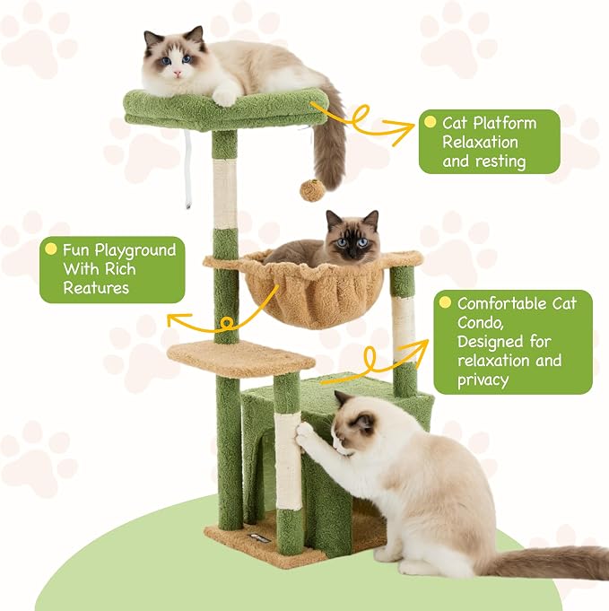 Cat Tree for Indoor Cats, 39.8-inch Cat Tower with 2 Plush Perches for Play & Rest, 1 Cozy Hideaway, Dangling Toy & Full Sisal Scratching Posts for Small Cats, Green