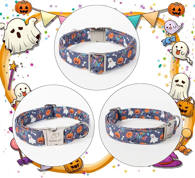 Halloween Dog Collar for Medium Dogs - Cute Halloween Ghost Pumpkin Dog Collars, Adjustable Heavy Duty Pet Holiday Collar with Metal Buckle M