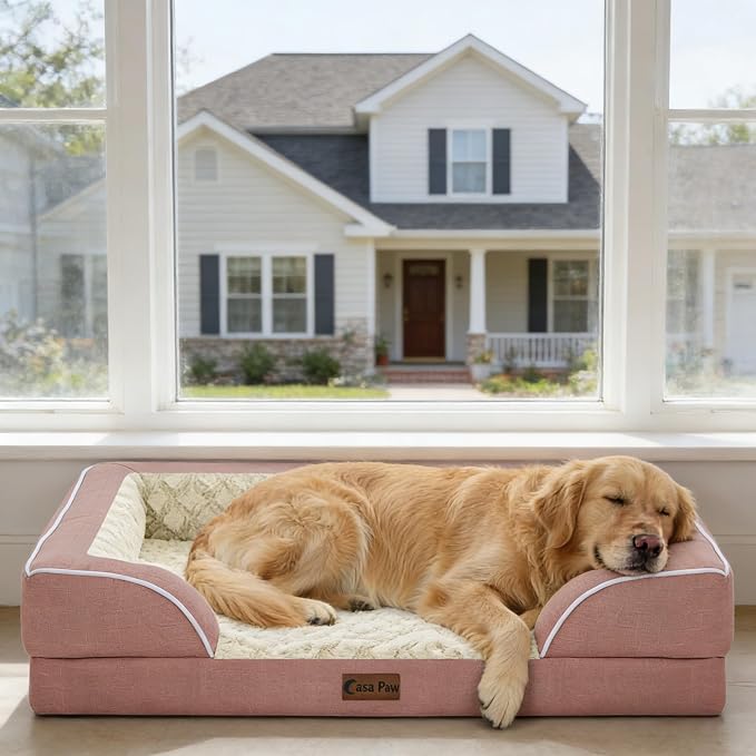 Orthopedic Dog Beds for Large Sized Dogs 35x22 Inch, Medium Waterproof Egg Crate Foam Dog Sofa Bed with Removable Washable Cover Pet Couch with Bolster Side & Non-Slip Bottom, Pink