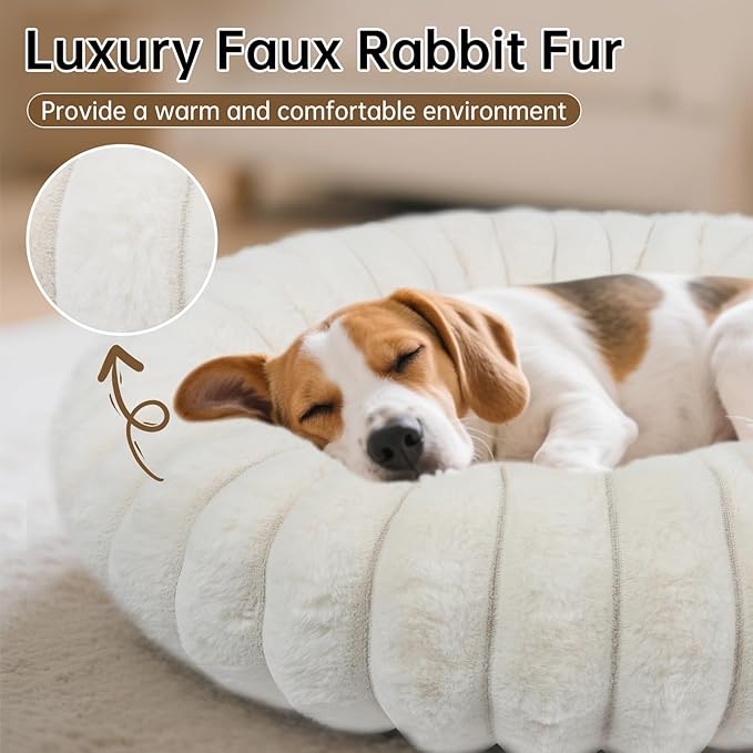 Donut Dog and Cat Bed, Luxurious Comfortable Faux Rabbit Fur Pet Beds, Round Anti-Anxiety Calming Puppy Kitten Bed with Anti-Slip Bottom for Small Medium Dogs & Cats(31", White)