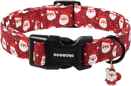 DOGWONG Christmas Dog Collar, Red Santa Claus Print Cute Dog Collars Winter Holiday Male Female Adjustable Dog Collar for Large Dogs