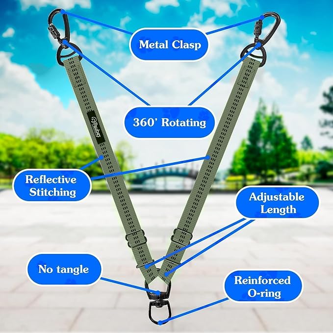 Dog Leash – Dual Reflective with Non-Tangle Design – Heavy Duty Nylon and Metal Buckles – Ideal (Khaki, 2 Dog Leash)
