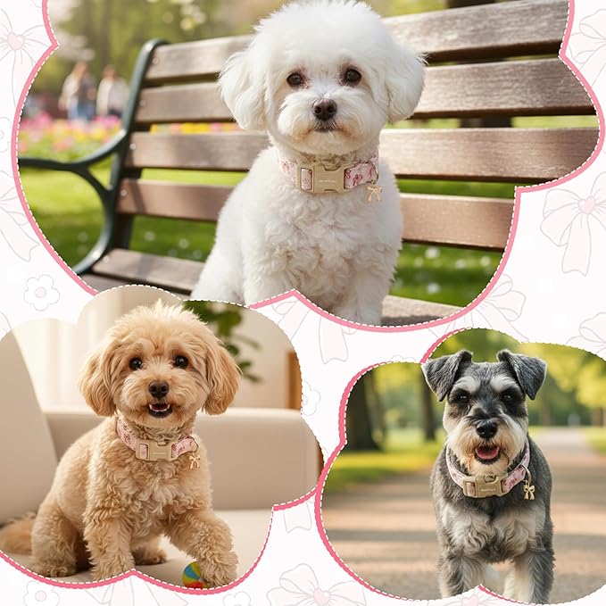 Pink Bow Dog Collar with Flower, Adjustable Cotton Puppy Collar, Cute Girl Boy Dog Collars for Small Medium Large Dogs, Ideal for Gifts,Pet Accessory,M