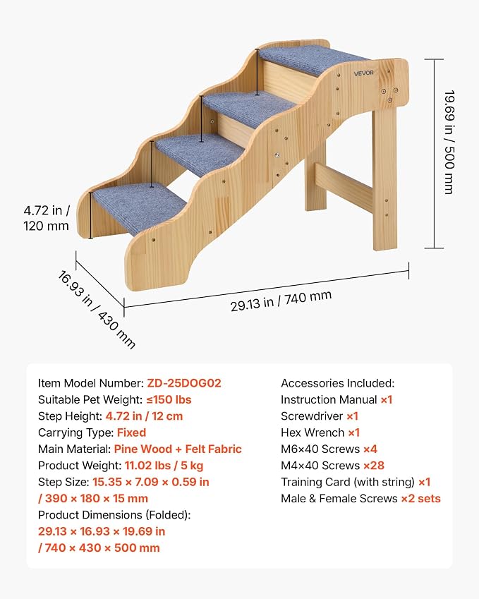 VEVOR Wood Pet Stairs, 4-Step Dog Stairs for High Beds, Sofa & Cars, 150lbs Load Capacity, Non-Slip Surface, Stable Cat & Dog Step Ladder for Small Medium Large Older Pet Puppy Essentials