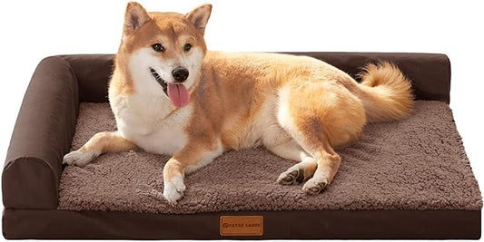 Patas Lague Orthopedic Dog Bed Medium Size Dog 30''X20'', Waterproof L Bolster Medium Pet Sofa Beds with Removable Washable Cover, Soft Pet Couch Crate Mat with Nonskid Bottom, Brown