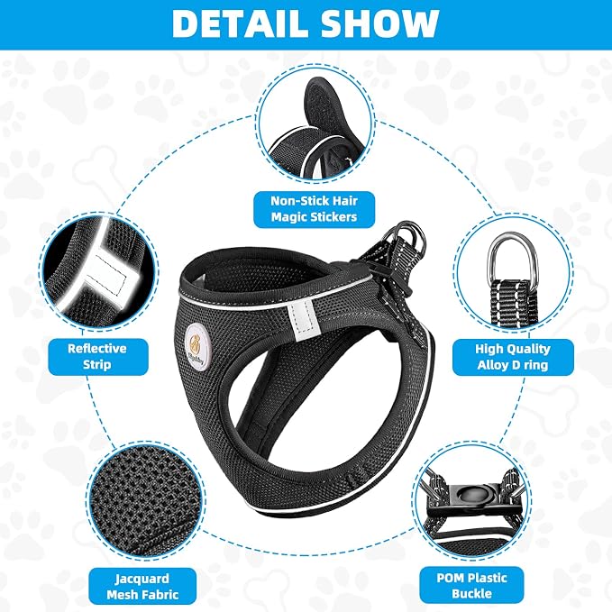 Hipubby Dog Harness and Leash Set, No Pull Soft Mesh Puppy Harness for Small Medium Dogs, Cats - Step in Reflective Breathable Lightweight Vest Harness for Walking, Training - Black, L