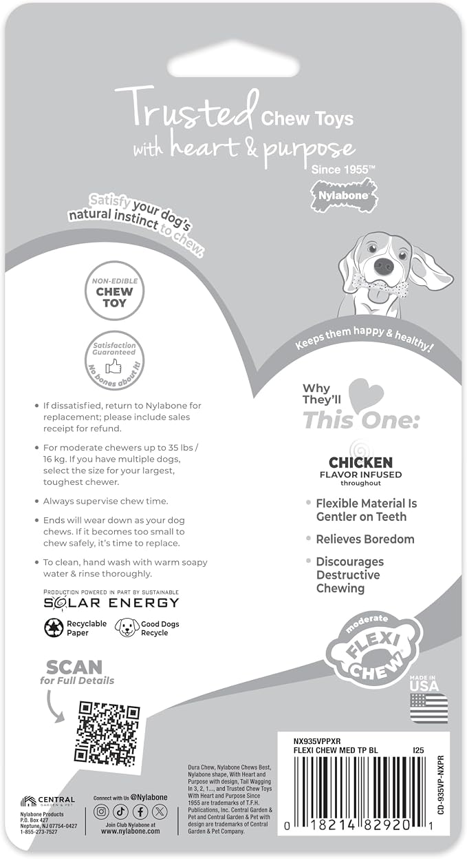 Nylabone Original Bone Flexi Chew Toy for Dogs, Flexible Dog Toys for Moderate & Gentle Chewers, Chicken Flavor, Medium - Up to 35 lbs, 2 Pack