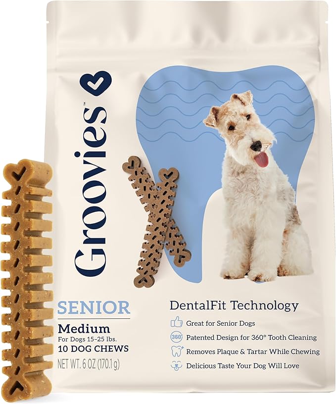 Groovies Senior Medium Dog Dental Chews for Dogs, Patented DentalFit Technology for Plaque & Tartar Support, Flexible Texture for Easy Chewing, Chicken Flavor, USA Manufactured,15–25 lb Dogs,10 Count