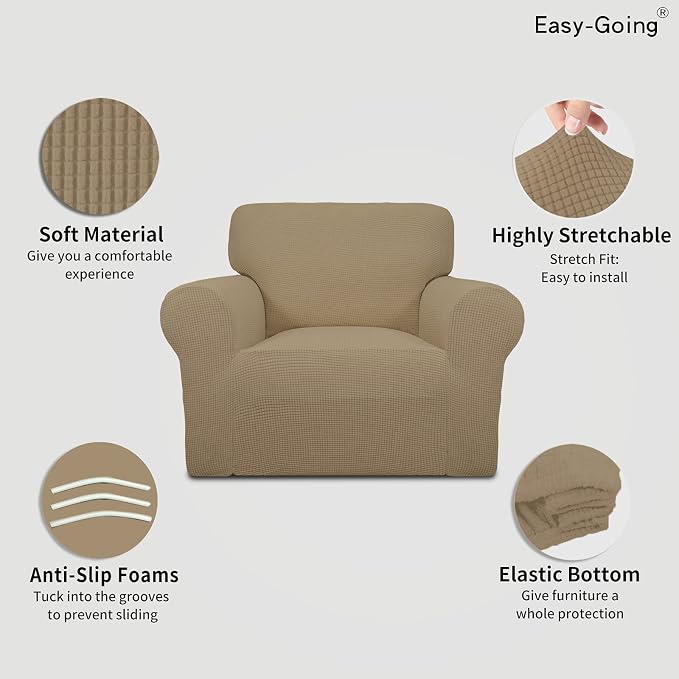 Easy-Going Stretch Oversized Chair Sofa Slipcover 1-Piece Couch Sofa Cover Furniture Protector Soft with Elastic Bottom for Kids Spandex Jacquard Fabric Small Checks Tan