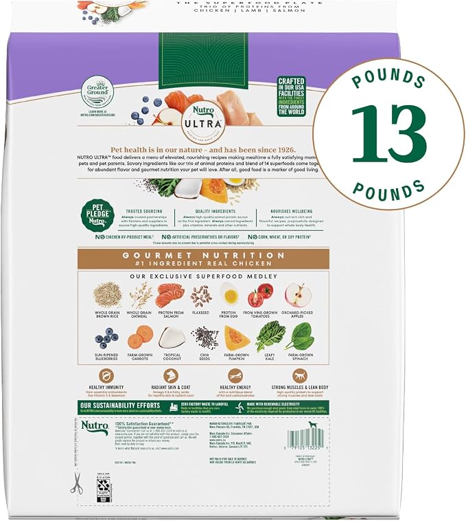 Nutro Ultra Dry Dog Food for Adult Dogs with a Trio of Proteins from Chicken, Lamb and Salmon, 13 lb. Bag