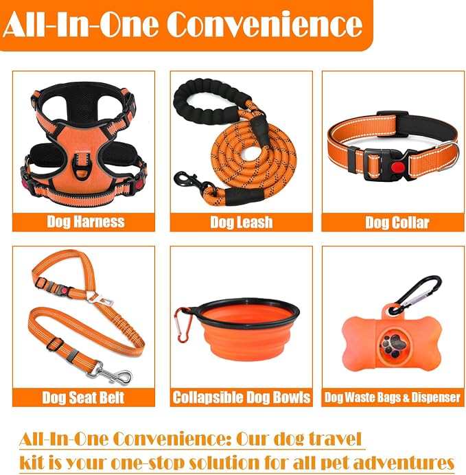 LOBEVE No Pull Dog Harness, Collar & Leash Set | Includes Dog Seat Belt, Collapsible Bowls & Poop Bag Dispenser. Ideal for Training, Walking, Hiking. Fits Small to Large Dogs(Orange-L)