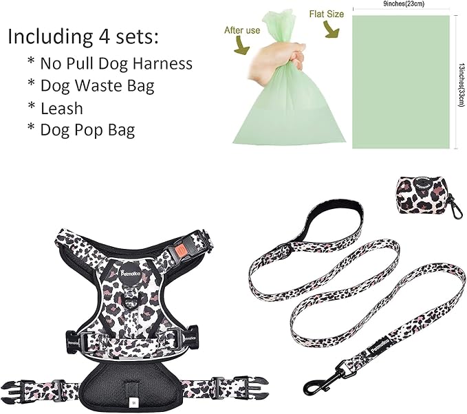 Petmolico No Pull Dog Harness Set with Leash Attachment Easy Control Handle Reflective Harness Vest Small Breed, Puppy Vest and Leash Set with Poop Bag Holder, Medium - Leopard