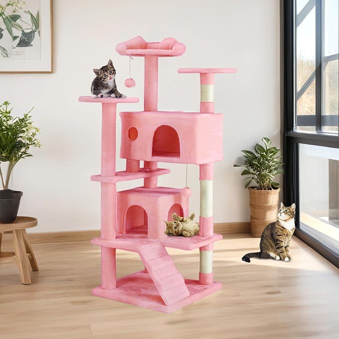 Sweetcrispy 54 Inch Cats Tree Tower, Multi-Level with Cat Scratching Post, Indoor Cat Condo with Climbing Ladder, Plush Toy, Play House for Cats, Pink