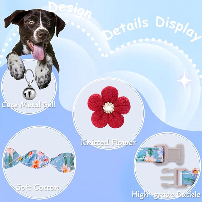 Small Dog Collar with Flower, Spring Dog Collar for Girl Dog Collars for Small Dogs Cute Dog Collar with Bell, Adjustable Length