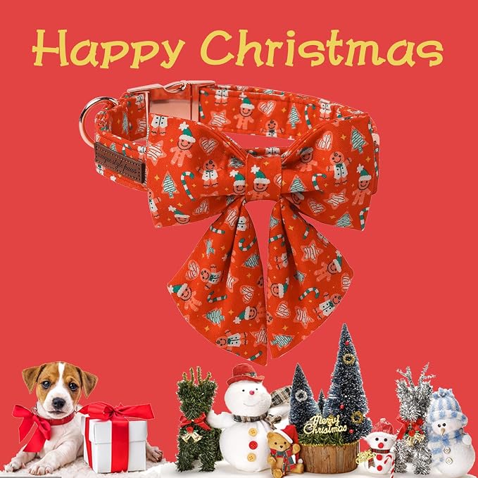 Unique Style Paws Christmas Day Dog Collar with Bowtie Red Christmas Gingerbread Cotton Puppy Collars for Small Medium Large Dogs