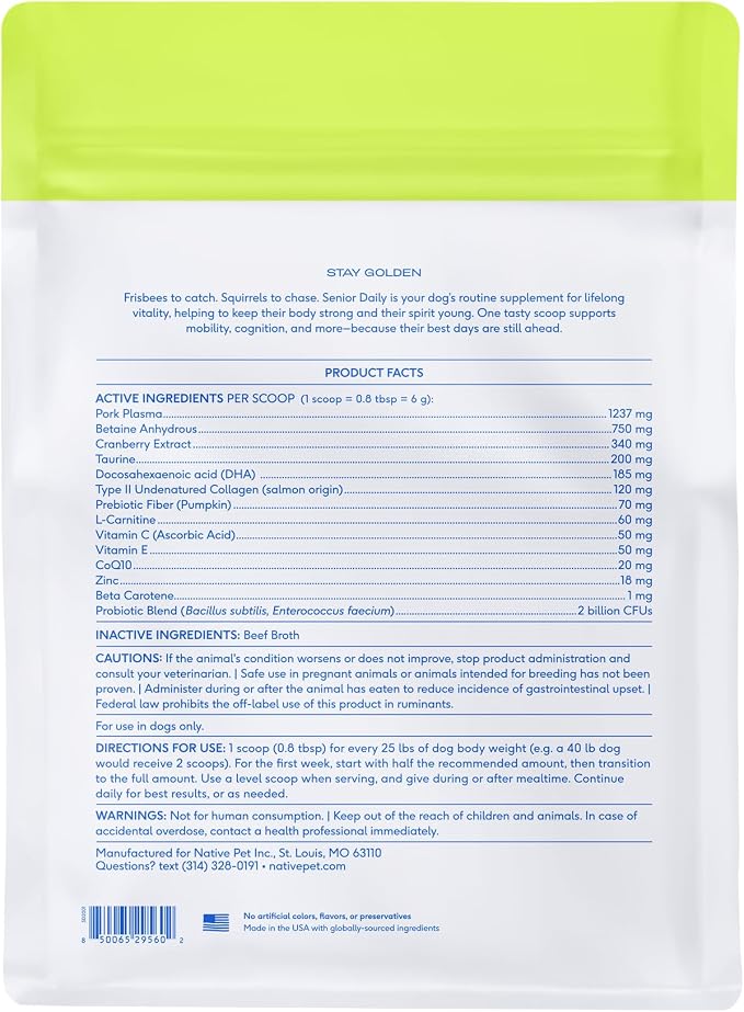 Native Pet Senior Daily Dog Vitamins & Supplements – 12-in-1 Dog Multivitamin Powder for Senior Dogs – Supports Mobility, Cognition, Digestion, Immune Health & More – 120 Scoops