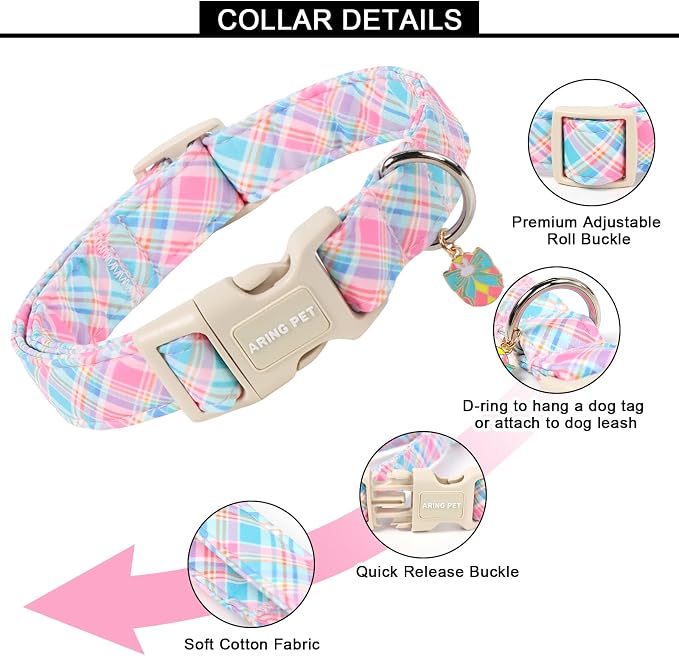 ARING PET Easter Dog Collar, Cute Colorful Plaid Stripe Girl Doggy Collars with Quick Release Buckle for Puppy Small Medium Large Dogs-XL