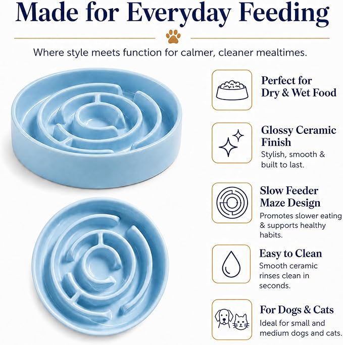 Ceramic Slow Feeder Dog Bowls with Anti-Slip, Slow Feeder & Non-Slip Design, Boredom and Anxiety Reducer, Suitable for All Breed Dogs and Cat (Ceramic-Blue)