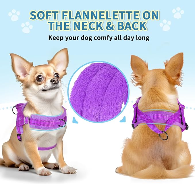 Lukovee No Pull Dog Harness and Leash Set, Soft Padded Small Dog Harness, Neck & Chest Adjustable Reflective Vest Puppy Harness with 4ft Lightweight Anti-Twist Dog Leash for Small Dogs (XXS, Purple)