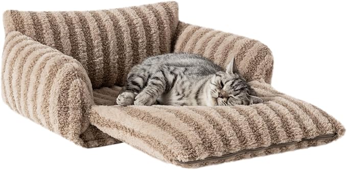 Hollypet Cat Bed Fluffy Plush Multifunctional Double-Layer Machine Washable Soft Warming Kitty Pet Couch Orthopedic Nest Beds for Small Cats Kitten and Dogs up to 13lbs, Khaki(21x15x8 inch)