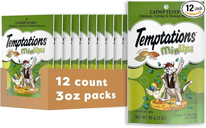 Temptations Cat Treats, Classic Crunchy and Soft Cat Treats, Catnip Fever Flavor, Catnip Treats, 3 oz. Pouch (Pack of 12)