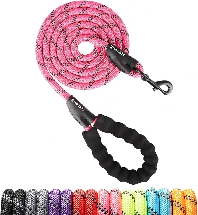 Rttochfy Rope Dog Leash 2/4/5/6/8/10 FT with Comfortable Padded Handle and Highly Reflective Threads for Small Medium and Large Dogs Heavy Duty (1/2"-5 FT, Pink)