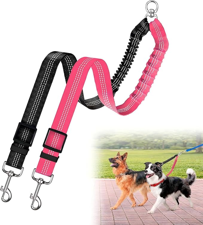 Double Dog Leash for Two Dogs, Professional No Tangle 360° Swivel Coupler with Shock Absorbing Bungee, Adjustable Length Dual-Sided Reflective Two Dogs Lead Splitter for Small Medium Large Dog