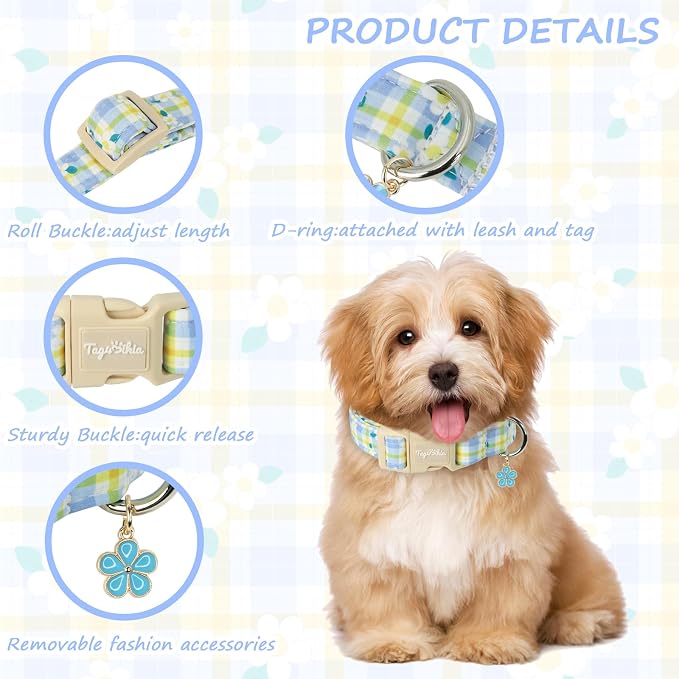 Dog Collar with Blue Checkered & Floral Patterns, Spring Summer Collection Dog Collar with Exquisite Pendant, Durable Adjustable Collars for Gifts & Daily Use-S