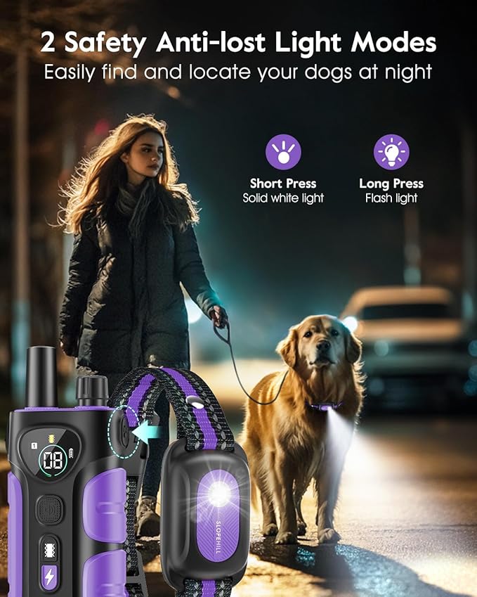 SLOPEHILL Dog Shock Collar - 4200FT Dog Training Collar with Remote,IPX8 Waterproof E-Collar with Beep,Vibration,Shock,Flash Light,No Shock Mode,Shock Collar for Small Medium Large Dog 8-140lbs,Purple