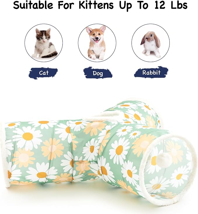 Tempcore Cat Tunnel for Indoor Cats, 3 Way Collapsible Pet Play Tunnel with Teaser Wand, Peek Holes & Hanging Ball, Interactive Tube for Kittens & Rabbits, Daisy Green Printed