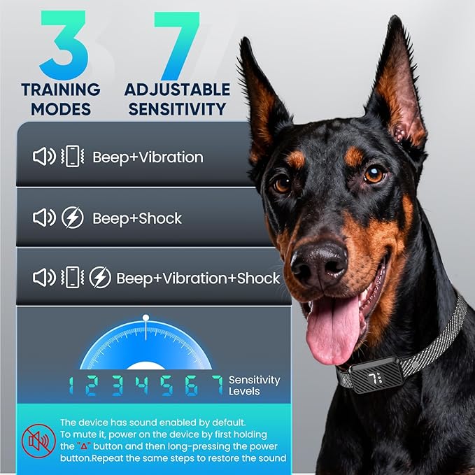 Dog Bark Collar for Large Medium Small Dogs, Effective No-Bark Collar, Smart Barking Collar, Rechargeable Bark Collar with 7 Sensitivity, 3 Modes, IP67 Waterproof, Black, 2 Pack