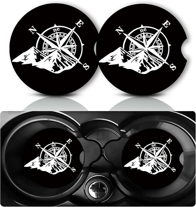 2Pack Reflective Compass Mountain Car Cup Holder Coaster,Compass Gifts for Women Men,Vehicle Interior Drink Mat Reusable Neoprene Car Coasters for Cup Holders Decor,Automotive Interior Accessories