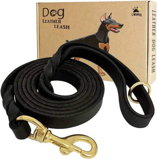 LWBMG Leather Dog Leash 6ft x 1/2 inch Heavy Duty Dog Leash, Strong Sturdy Genuine Leather Braided Dog Leash, Soft and Comfortable Leather Leash for Large, Medium and Small Dogs Training Black