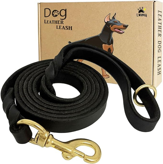 Leather Dog Leash 5ft x 3/4 inch, Heavy Duty Leather Braided Dog Training Leash, Strong and Comfortable Leashes for Large, Medium, Small Dogs Black
