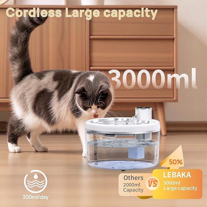 Wireless Cat Water Fountain-[Stainless Steel Tray], 102oz/3L Pet Water Fountain for Cats Inside, Cat Fountain for Drinking with Motion Sensor, Ultra Quiet Pump, Cats & Dogs Gifts (102oz+8Filters)