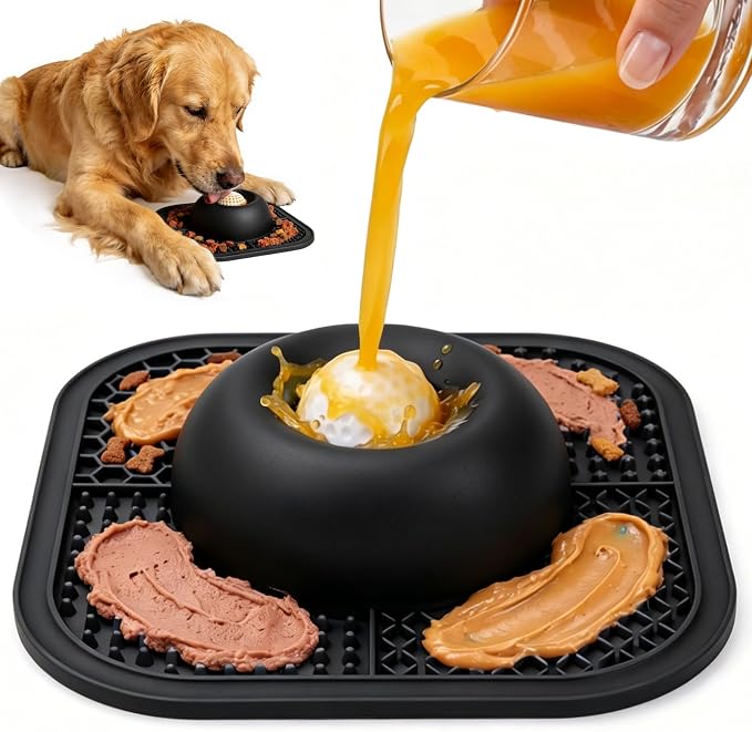 Slow Feeder Dog Bowls & Lick Mat for Liquid and Thick Treat, Anti-Slip Dog Lick Bowl with Interactive Rolling Ball, 5/6 Cup Pup Licking Toy for Large Medium Small Dogs and Cats Black
