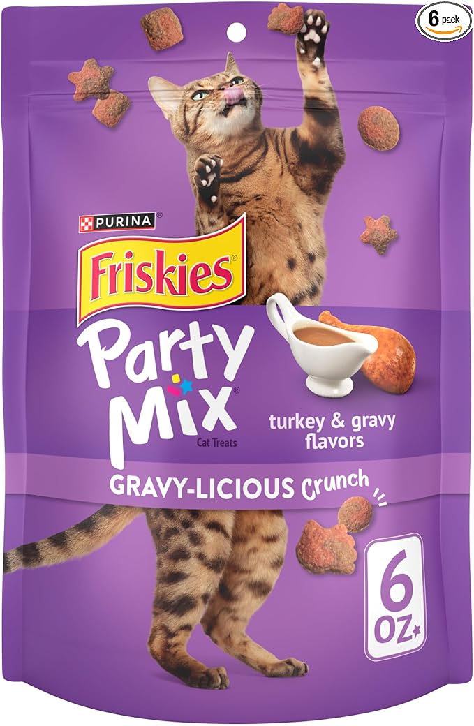 Purina Friskies Cat Treats, Party Mix Gravy-licious Crunch Turkey and Gravy Flavors - (Pack of 6) 6 oz. Pouches