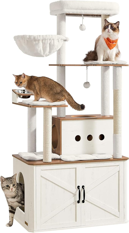 Feandrea Cat Tree, 66.9-Inch Cat Tower with Litter Box Enclosure, Large Condo with Food Station, Storage, Scratching Posts, Cave, Hammock, Washable Cushions, Rustic White and Honey Brown UPCT169W201