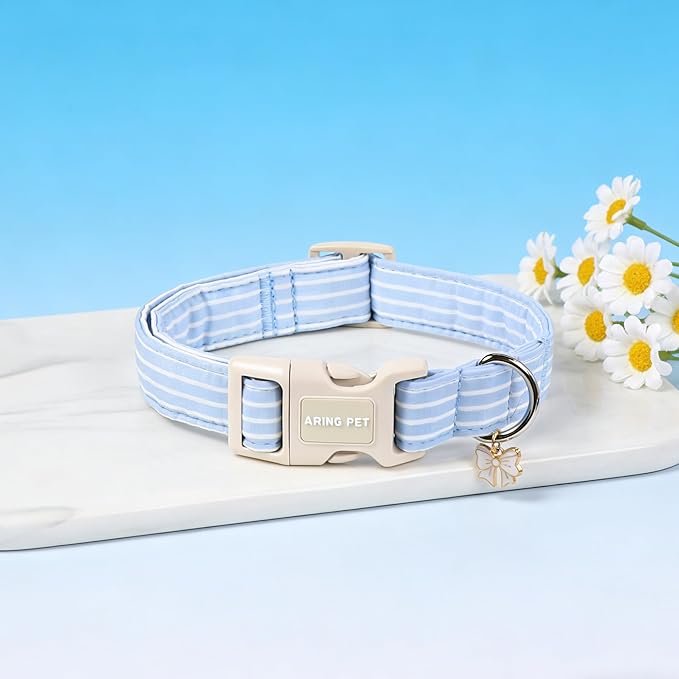 ARING PET Stripe Dog Collar, Cute Spring Summer Blue Stripe Pet Collars with Bow Charm for Puppy Small Medium Large Boy Girl Dogs-XS, for Daily Outdoor Walking Training