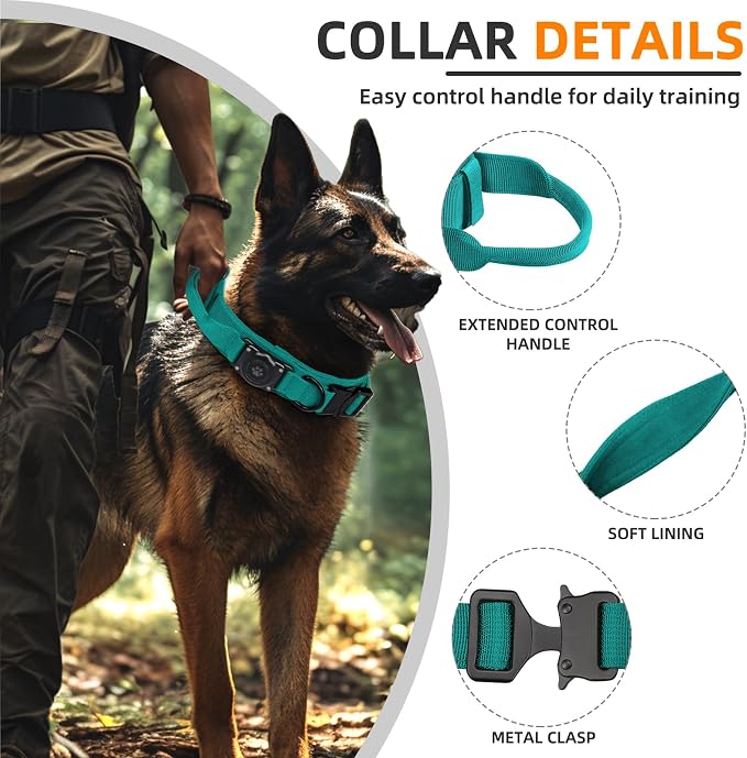 Tactical AirTag Dog Collar, 100% Waterproof Integrated Apple Air Tag Dog Collars with Hard PC AirTag Holder, Adjustable Military Collar with Handle, GPS Dog Collar for Medium Large Dogs(Blue,L)