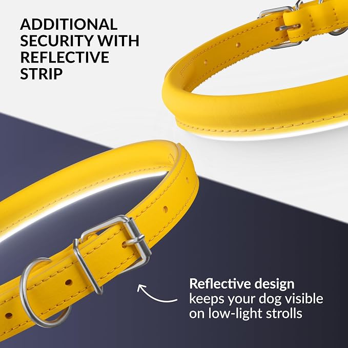 CollarDirect Reflective Rolled Leather Dog Collar, Soft Padded Round Puppy Collar, Handmade Genuine Leather Collar Dog Small Large Cat Collars 13 Colors (15-19 Inch, Yellow Reflective)
