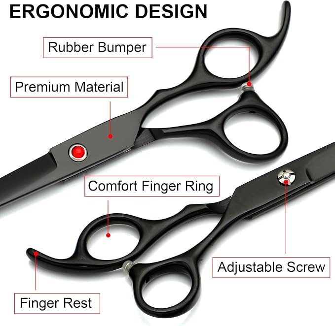 TINMARDA Dog Grooming Kit, Titanium Black Stainless Steel Dog Grooming Scissors with Curved Shears, Black Finger Rings - 5 Piece Sharp Durable Pet Shears for Dogs Cats At Home Salon-Quality Grooming