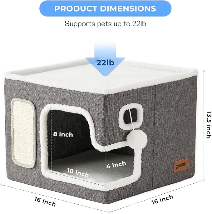 ZOMISIA Cat Beds for Indoor Cats - Large Cat House for Pet with Fluffy Ball Hanging and Scratch Pad, Foldable Cat Hideaway,16.5x16.5x13 inches, Navy