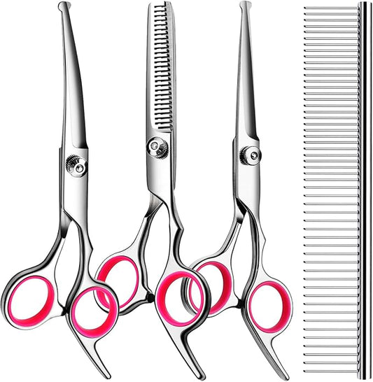 TINMARDA Dog Grooming Kit, Professional Stainless Steel Dog Grooming Scissors with Curved Shears, Pink Finger Rings - 4 Piece Sharp Durable Pet Shears for Dogs Cats At Home Salon-Quality Grooming
