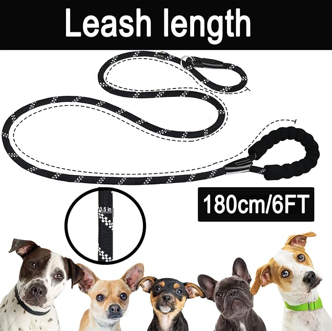 Dog Leash, 6 FT Heavy Duty Dog Leashes, Durable Premium Quality Strong Rope Slip Leash with Comfortable Padded Handle and Highly Reflective Threads for Small Medium and Large Dogs. (Black)