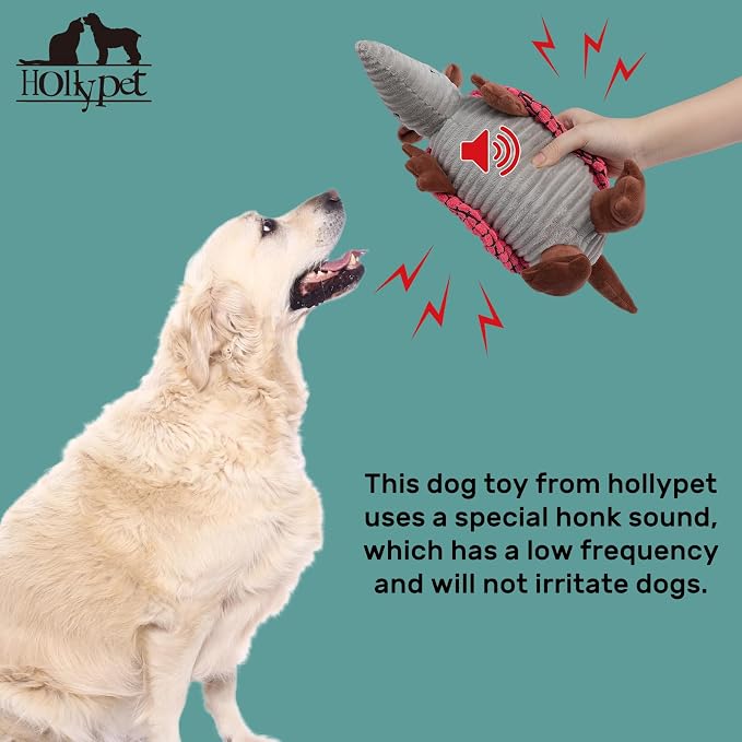 Hollypet Plush Dog Squeaky Toy Stuffed Armadillo Animal Pet Puppy Chew Toys with Clean Teeth for Small Medium Large All Breed Sizes Dogs, Bright Pink,10 in