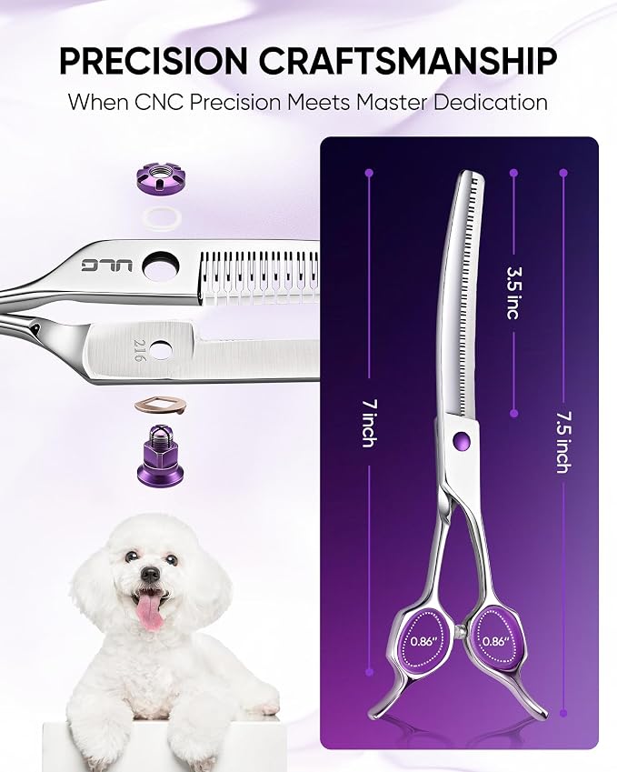 ULG 7.5” Dog Grooming Chunker Shears – 30° Curved Pet Grooming Scissors, Japanese 440C Stainless Steel, 30 Comb & Chunker Teeth, 60% Thinning Rate, Reversible Butterfly Handles for Face, Nose & Body