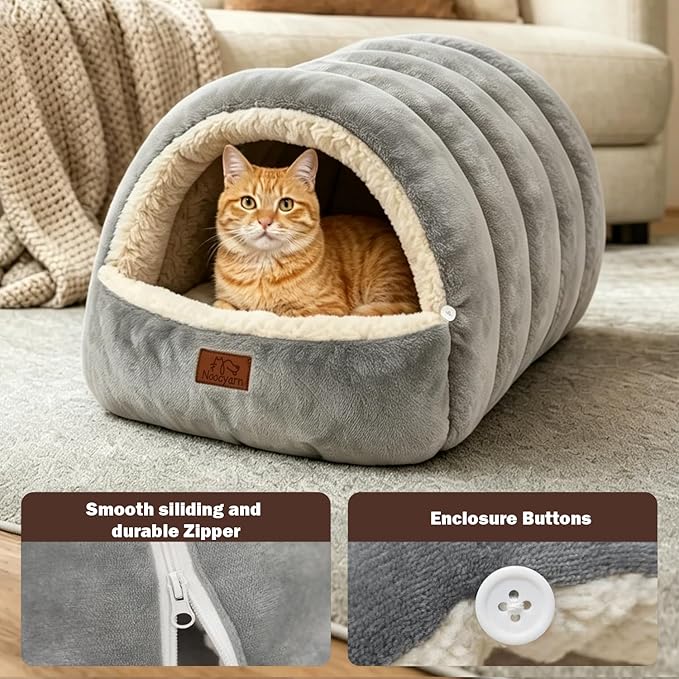 Covered Cat Bed Cave for Indoor Cats, 2-in-1 Enclosed Pet Bed for Kittens with Zippered Washable Cat Mats, Cat House Bed, Grey