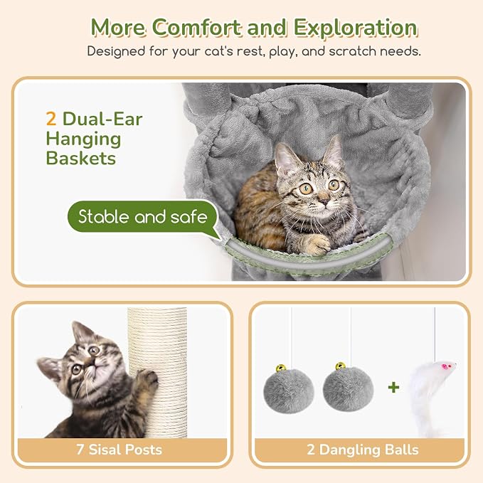 Globlazer Heavy Duty Cat Tree, 74in Tall Sturdy Cat Tower for Large Cats Adult Big Cat Tree with 7 Scratching Posts, 2 Condos with Pad, 2 Dual-Ear Hanging Baskets, Enlarged Top Perch, S74, Light Grey